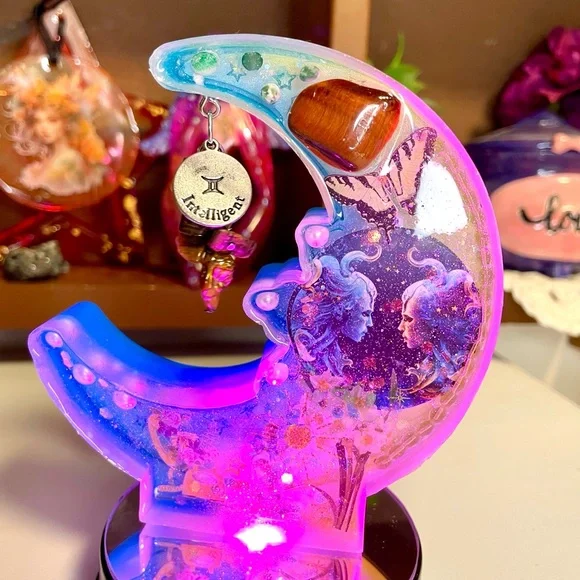 Handmade Gemini Crescent Moon Mixed Media Art -light base sold separately - Picture 4 of 5
